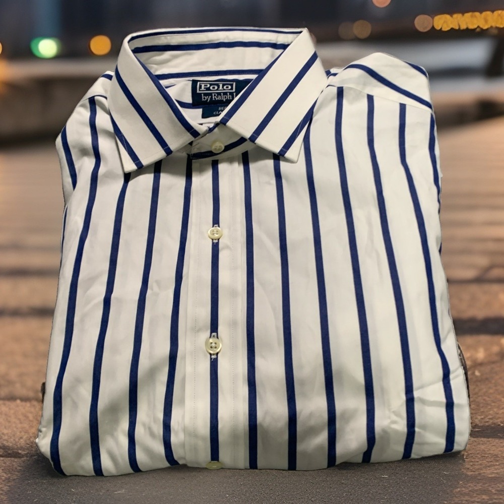 Vtg Polo Ralph Lauren Regent Fit Shirt 17 34/35 Hong Kong Blue White Stripe NWT